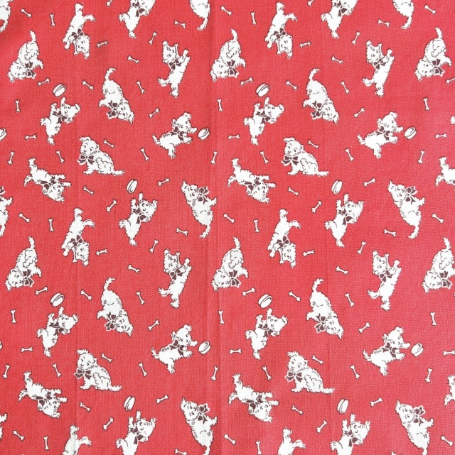 希少生地　USAコットン【サーティーズ（1930年代の復刻版生地）】レトロ柄　犬柄　レッド系　(UTH-262)