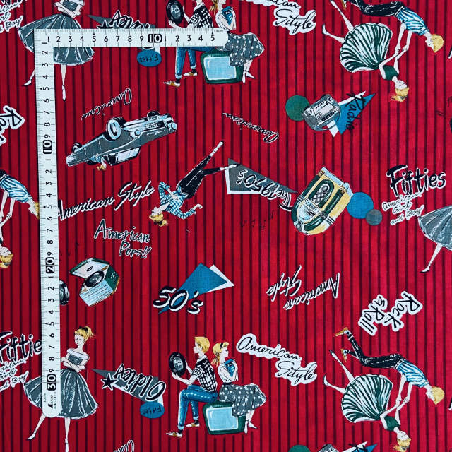 【小関鈴子先生デザインプリント】(JKS-310）ストライプ柄　レトロ　レッド系