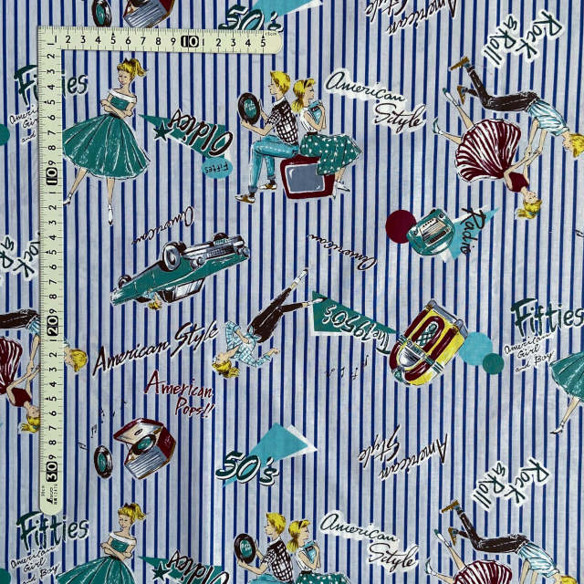 ★在庫わずか【小関鈴子先生デザインプリント】(JKS-313）50'sレトロガール ストライプ柄　ブルーホワイト系