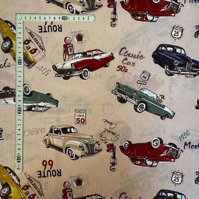 【小関鈴子先生デザインプリント】(JKS-318）レトロカー柄　ベージュ系