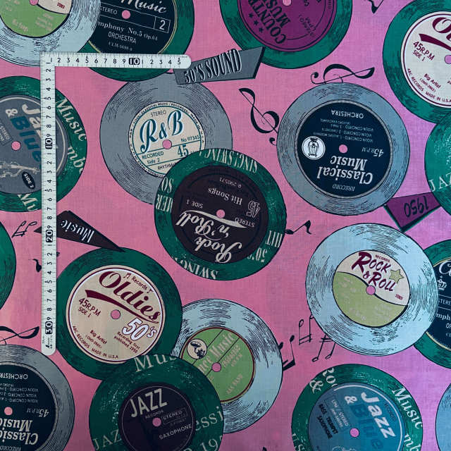 【小関鈴子先生デザインプリント】(JKS-324）ピンク系　　レコード柄