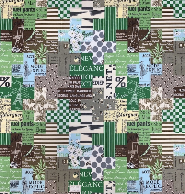 【小関鈴子先生デザインプリント】(JKS-348）　グリーン　英字・幾何柄　ミニサイズカット