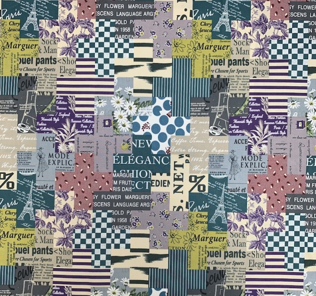 【小関鈴子先生デザインプリント】(JKS-349） ダークグリーン　幾何柄 パッチワーク柄 英字 　ミニサイズカット