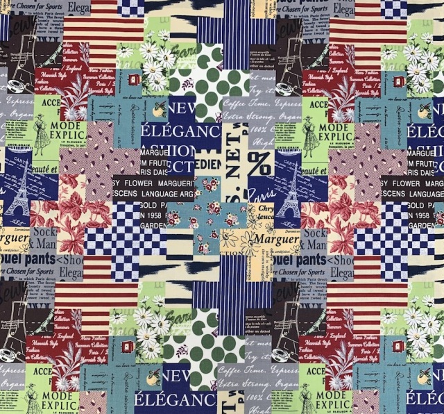 【小関鈴子先生デザインプリント】(JKS-351）ダークブルー 幾何柄 パッチワーク柄 英字