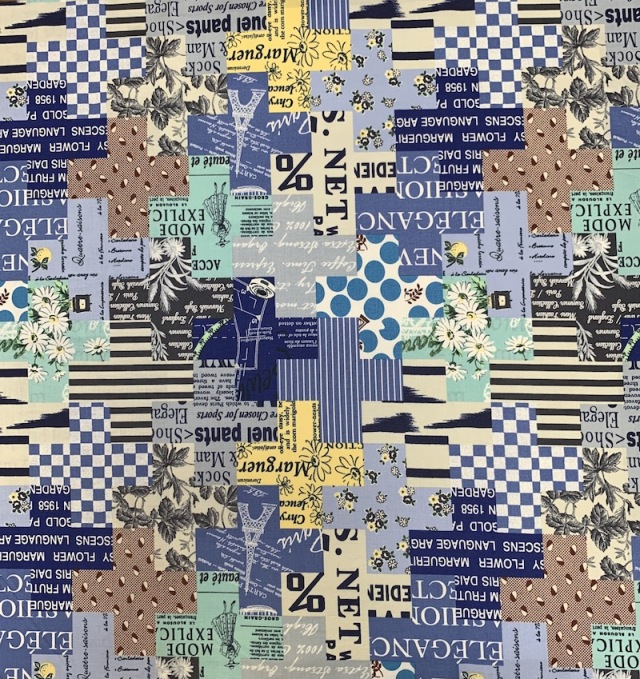 【小関鈴子先生デザインプリント】(JKS-352）ブルー　幾何柄 パッチワーク柄 英字