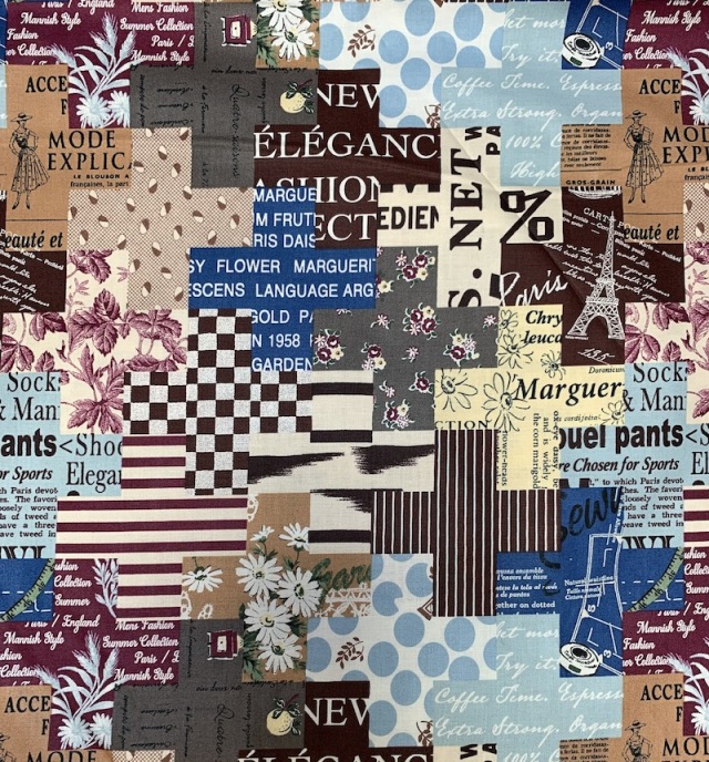 【小関鈴子先生デザインプリント】(JKS-353）ブラウン  幾何柄 パッチワーク柄 英字