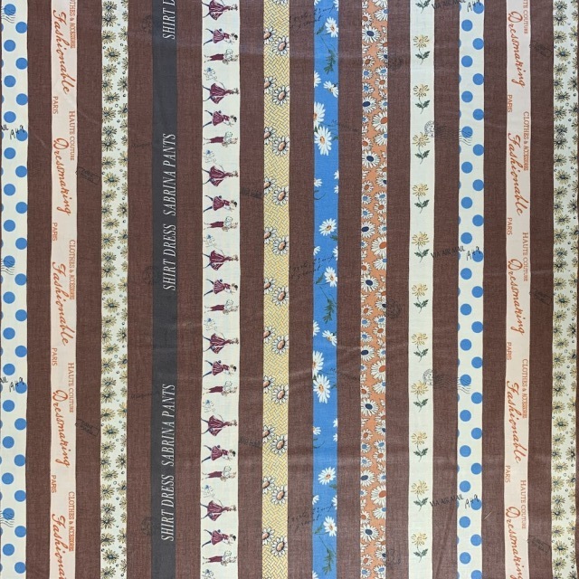 【小関鈴子先生デザインプリント】(JKS-400) ブラウン 花・ストライプ柄　ミニサイズカット