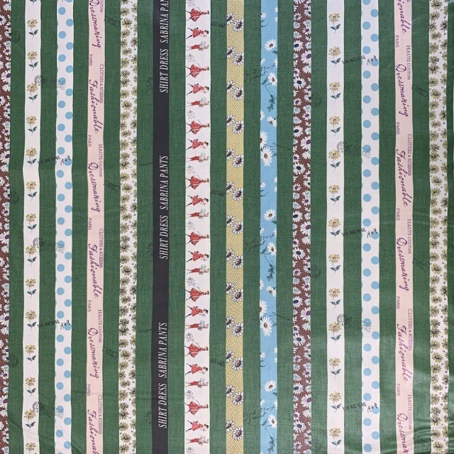 【小関鈴子先生デザインプリント】(JKS-402) グリーン 花・ストライプ柄　ミニサイズカット