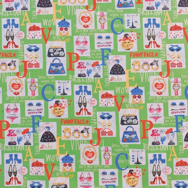 【国産生地】ミヤコカワグチ Miyako Kawaguchi レトロガール 英字・コスメ・アクセ柄生地  グリーン系  (JOM-011)