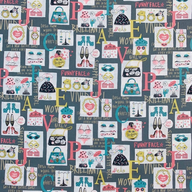 【国産生地】ミヤコカワグチ Miyako Kawaguchi レトロガール 英字・コスメ・アクセ柄  グレー系(JOM-012)