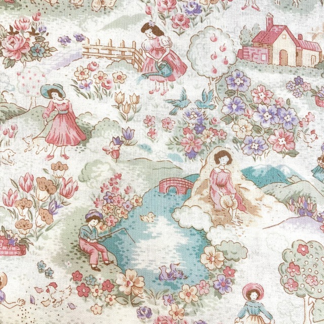 【国産デザインプリント】　JOT-203　白ベース系　 女の子/湖畔風景柄生地　50x110cm