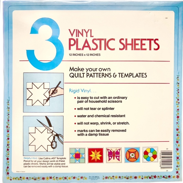 USA輸入【 COLLINS 】コリンズ  プラスチックシート 12 × 12インチ(約30 × 30cm) 3枚入り  パッチワーク用品パターンシート  摩耗しない型紙作りに  廃番品 (NOT-327)