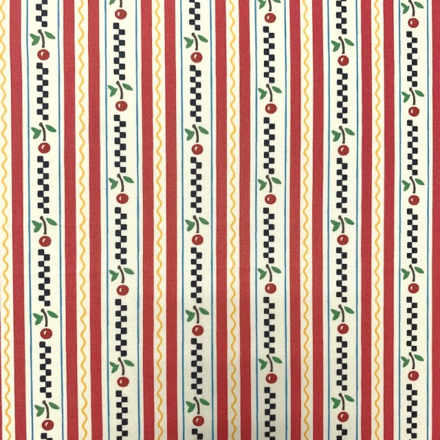 【USAコットン】50x55cm (UME-033)　レッド系　さくらんぼストライプ柄