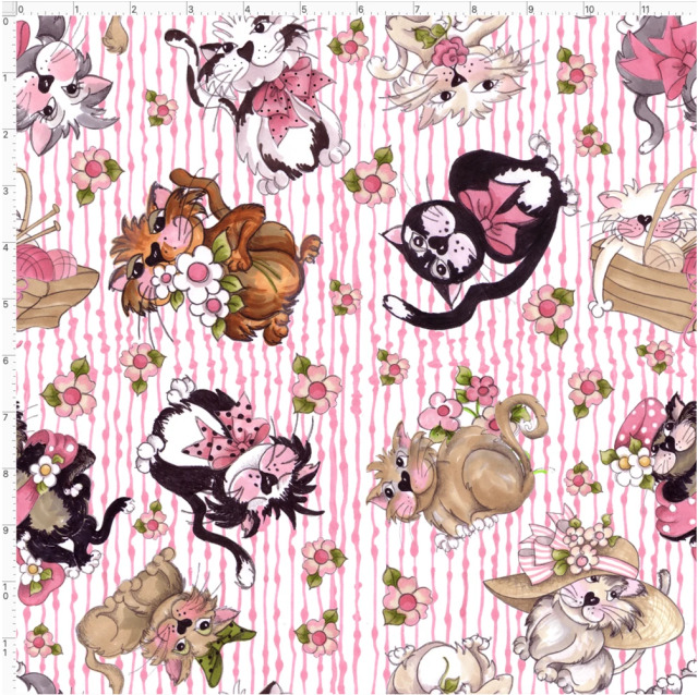 【Loralie Designs】- Tossed Fancy Cats White / Pink Fabric (ULH-012) 猫　ストライプ柄　ピンク系