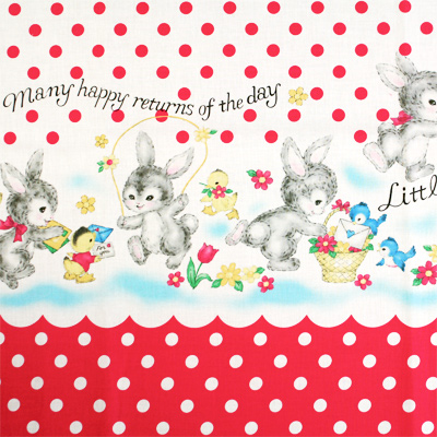 USAコットン【Kidsプリント】キルトゲイト  レトロなウサギ柄  パステルカラー  レッド グリーンの2色展開(UKS-167M)
