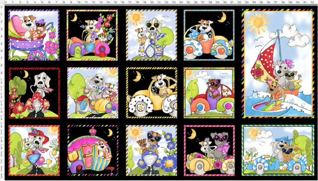 USAインポートファブリック【 Loralie Designs 】ロラライハリス　パネル  Go Doggie Black Fabric Panel  ドッグ 犬柄 (ULH-353)