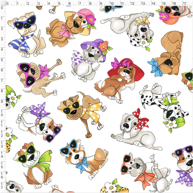 【Loralie Designs】- Tossed Go Doggies White Fabric -(ULH-355)