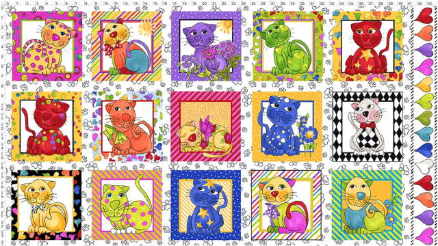 USAインポートファブリック【 Loralie Designs 】ロラライハリス  Cat Happy White Fabric Panel  ネコ柄  パネル生地(ULH-363)