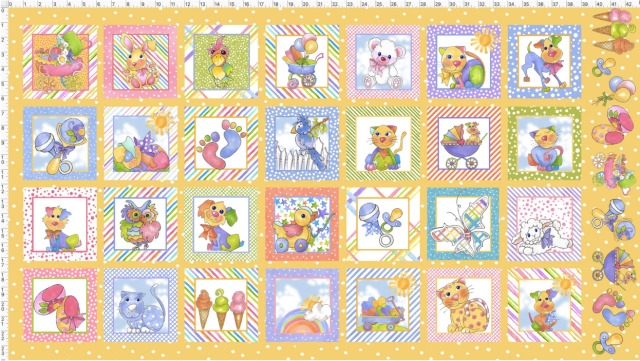 USAインポートファブリック【 Loralie Designs 】ロラライハリス  Happy Baby Fabric Panel 動物の赤ちゃん柄布地  パネル生地  パステルイエロー系 (ULH-400)