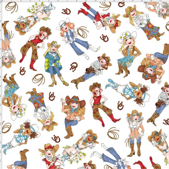 【Loralie Designs】- Tossed Cowgirls White Fabric-(ULH-173)