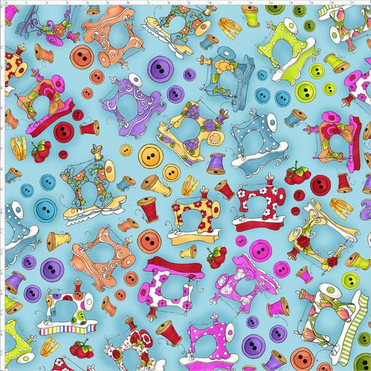 【Loralie Designs】-Sew Assorted Turquoise ソーイング柄 (ターコイズ) Fabric -(ULH-223)