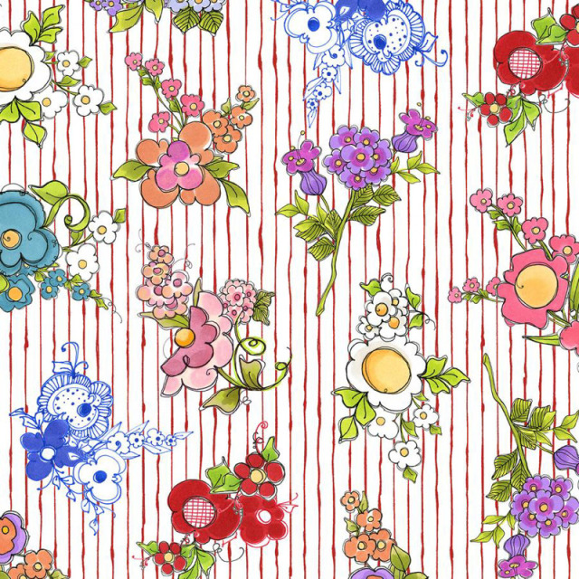 USAファブリック【Loralie Designs】ロラライハリス布地  - Mixed Bouquets Red  -  花柄  ストライプ柄(ULH-305)