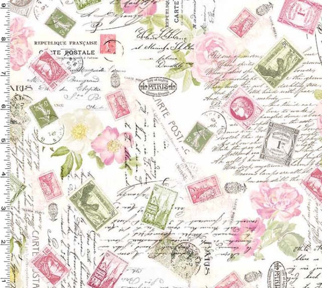 【USAコットン】クラシカルな英字 切手 花柄 (UOTS-025) ピンク系