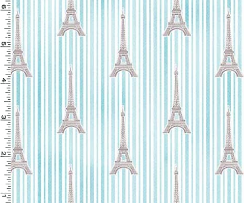 【 USAコットン 】エッフェル塔 ストライプ柄　UOTS-027 ホワイト×ブルー系