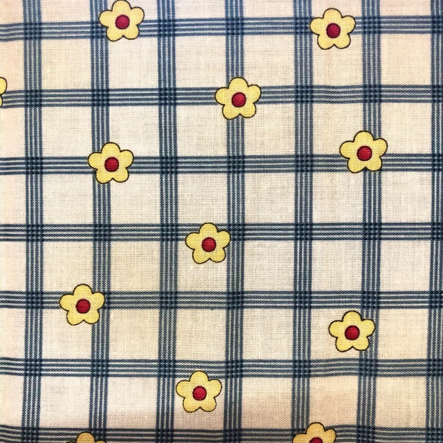 【USAコットン】チェック  花柄(UOTS-558) 50x55cm 　ホワイト×ブルー系