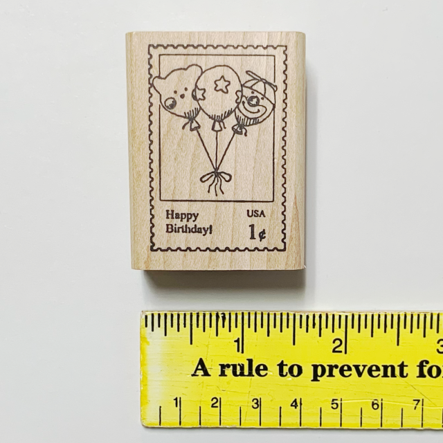 【USA製 ヴィンテージストック品】ヴィンテージ古道具  誕生日 風船 切手風の木製ゴムスタンプ- Peddler's Pack Stamps  happy birthday balloon -(UWS-008) 　
