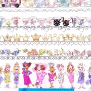 USAコットン アメリカ輸入生地【Loralie Designs】ロラリーデザインズ - Border Beauties - ボーダービューティーズ  ティーカップ／花／ティアラ柄　ホワイト (ULH-425)