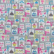 【国産生地】ミヤコカワグチ Miyako Kawaguchi レトロガール   英字・コスメ・アクセ柄   ライトグレー系 (JOM-013)