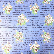 【小関鈴子】のラミネート加工（つや無）花・英字柄 ブルー 50x110cm -(RAMI-006)