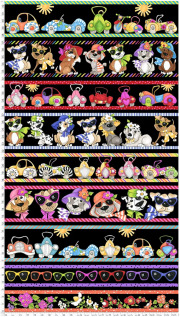 【Loralie Designs】Border Doggies Black Fabric Panel (ULH-359)犬 ボーダー柄