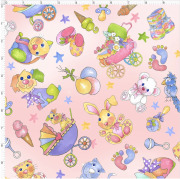 USAコットン【Loralie Designs】- Busy Baby Pink 星柄 動物柄 ネコ 鳥 ウサギ柄布地  海外布地 パステルカラー ピンク系 -(ULH-402)
