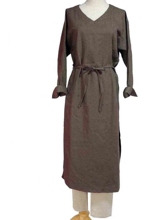 Fil de Nature 綿麻VネックTブラウス　ロング丈　長袖