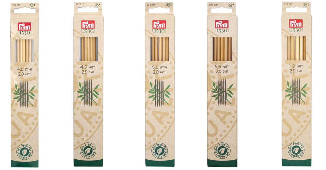 《Prym》プリム・1530　あみ針　バンブー・ダブルポイント　 （4.00/4.50/5.00/5.50/6.00mm）全長：20cm/5本入　個別販売　 サステナブル　天然竹材の編み針　竹　あみ針　222 214-222 215-222 216-222 230-222 217