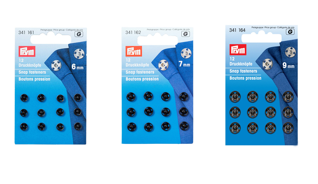 《Prym》プリム・ブラックスナップボタン（ホック）丸型　 ※個別販売※　6mm/7mm/9mm　 すべてのサイズ12セット入り 341161-341162-341164