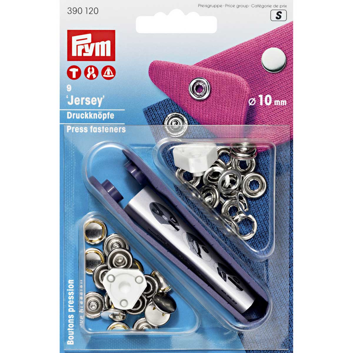《Prym》プリム　スナップ　ジャージー・キャップ・シルバー 　径10ｍｍ/9セット入・キット付　 　アメリカンホック　ぼたん　ボタン取り付けキット　390120