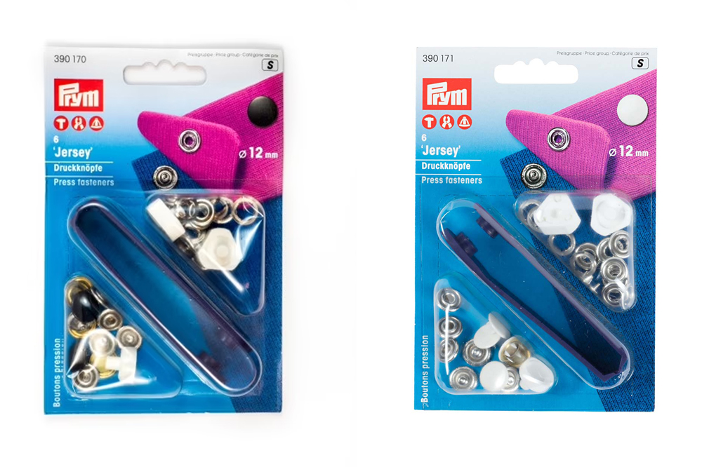 《Prym》プリム　スナップ　ジャージー・キャップ・ブラック/ホワイト　※2色展開・個別販売※ 　径12ｍｍ/6セット入キット付　 ジャージボタン　アメリカンホック　ぼたん　ボタン取り付けキット　390170-390171