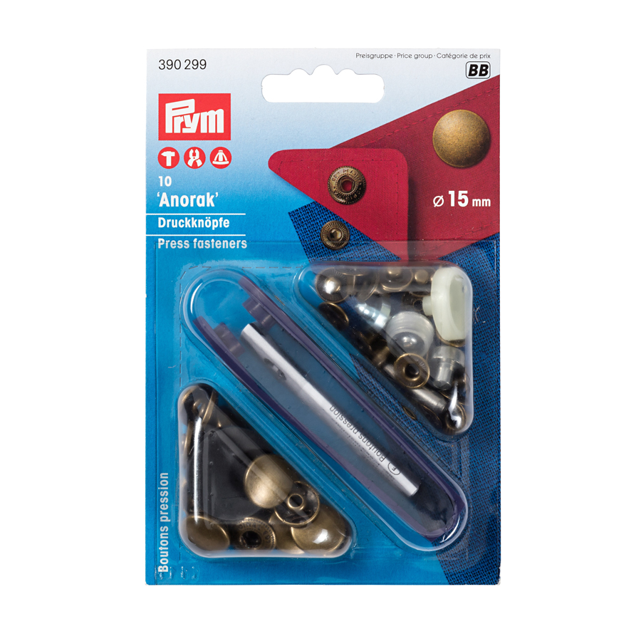《Prym》プリム　スナップ　アノラック 　径15ｍｍ/10セット入キット付　アンティーク　 ナイロン地・レインウェアやバッグ・カバンにもオススメ