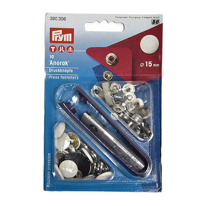 《Prym》プリム　スナップ　アノラック 　径15ｍｍ/10セット入キット付　ホワイト　 ナイロン地・レインウェアやバッグ・カバンにもオススメ