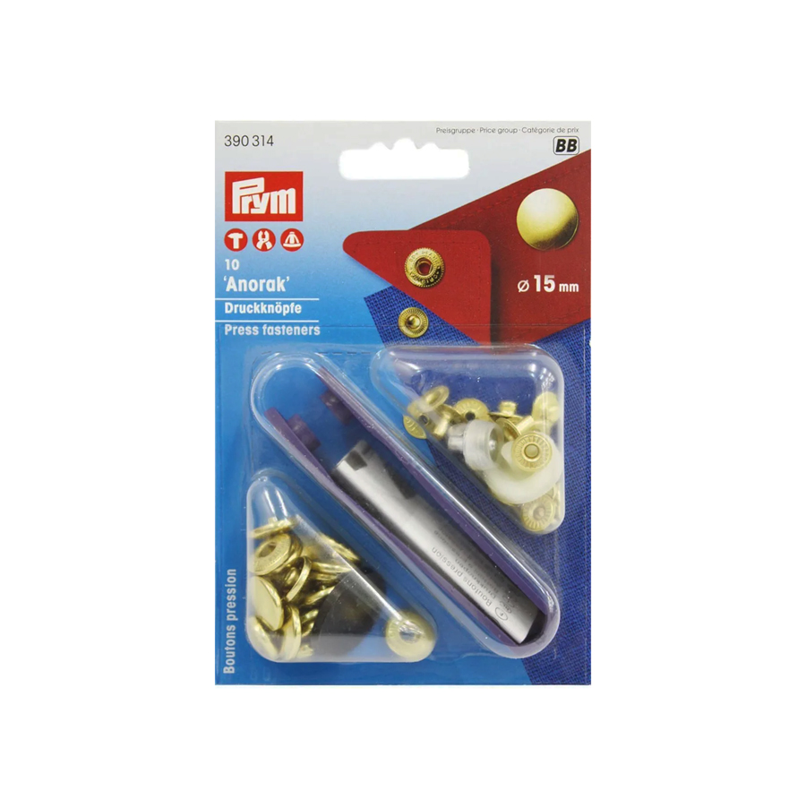 《Prym》プリム　スナップ　アノラック 　径15ｍｍ/10セット入キット付　ゴールド　 ナイロン地・レインウェアやバッグ・カバンにもオススメ
