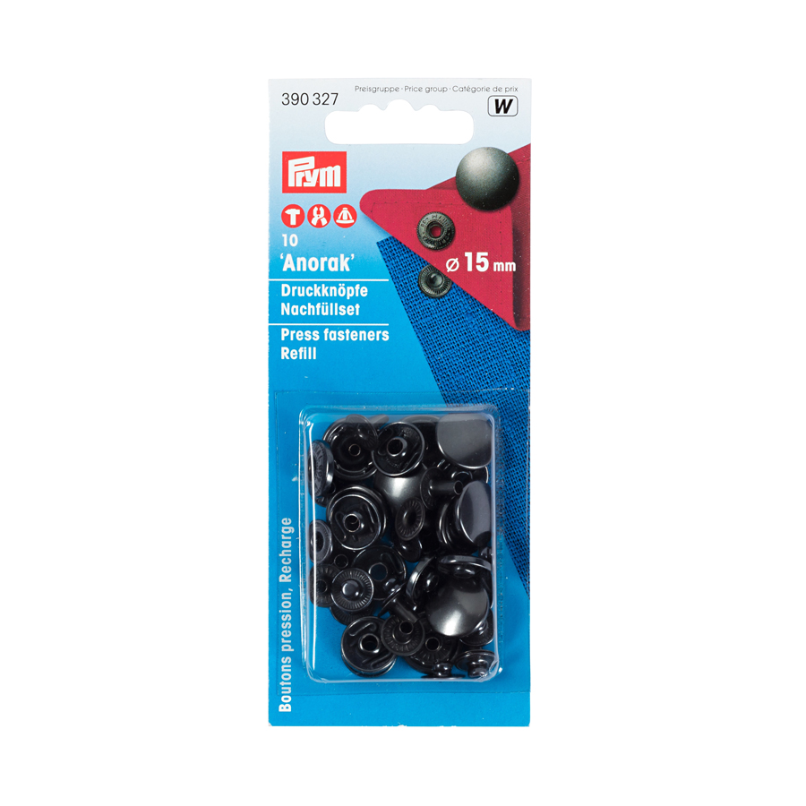 《Prym》プリム　スナップ　アノラック 　径15ｍｍ/10セット　リフィール　ブラック　 ナイロン地・レインウェアやバッグ・カバンにもオススメ