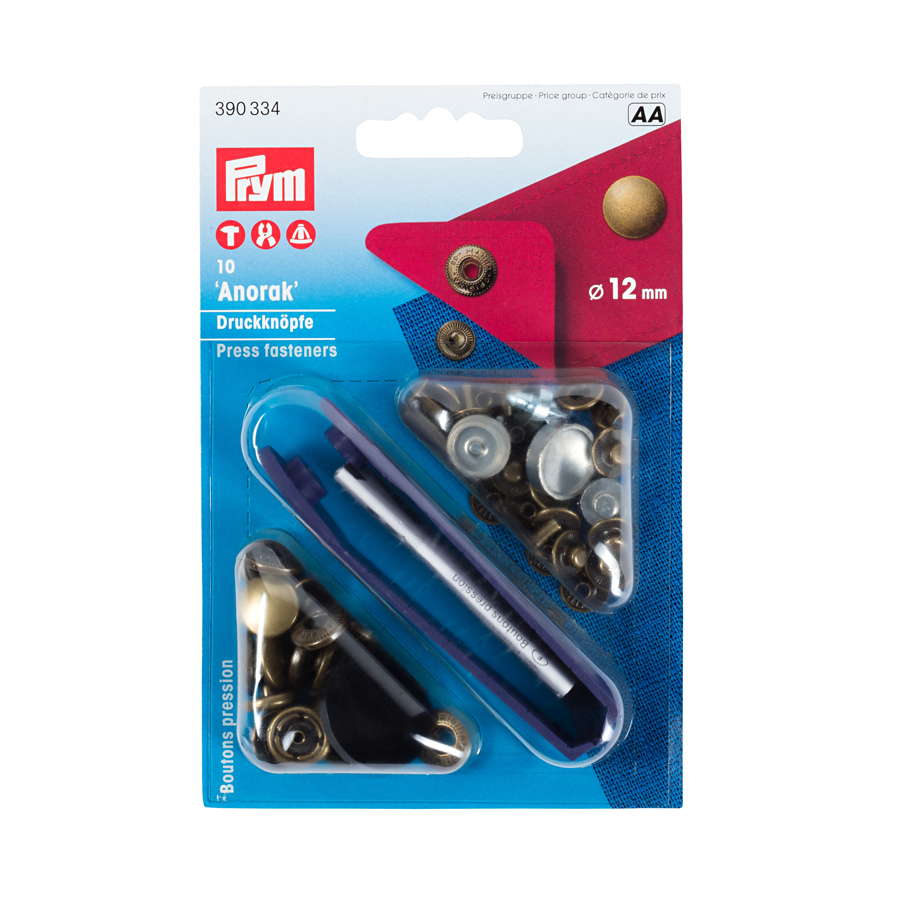《Prym》プリム　スナップ　アノラック 　径12ｍｍ/10セット入キット付　アンティーク　 ナイロン地・レインウェアやバッグ・カバンにもオススメ