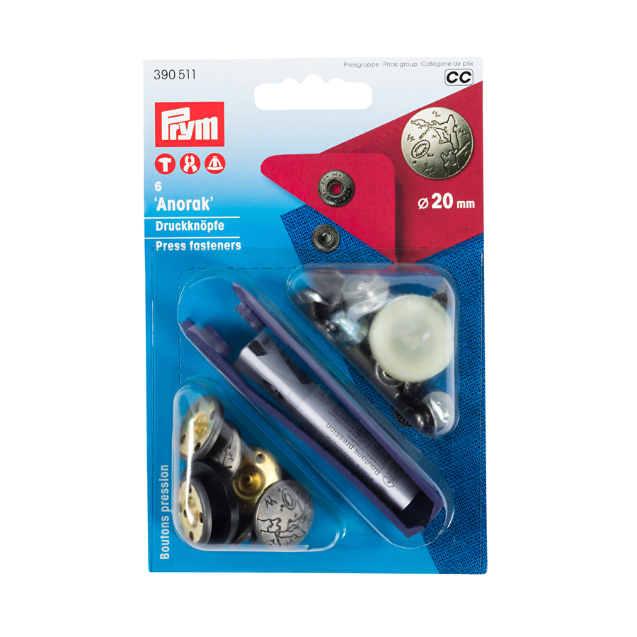 《Prym》プリム　スナップ　アノラック 　径20ｍｍ/6セット入キット付　エクスカージョン/マットシルバー　 ナイロン地・レインウェアやバッグ・カバンにもオススメ