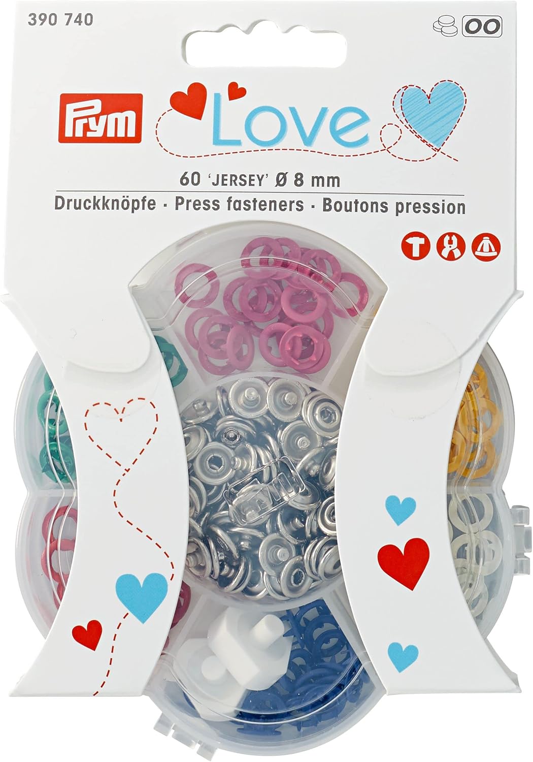 《Prym》プリム・アメリカンホック（リングスナップ）　8ｍｍ/6色60個セット入・取付けコマ付属　ヴァリオ　VARIO Creative Tool　390740
