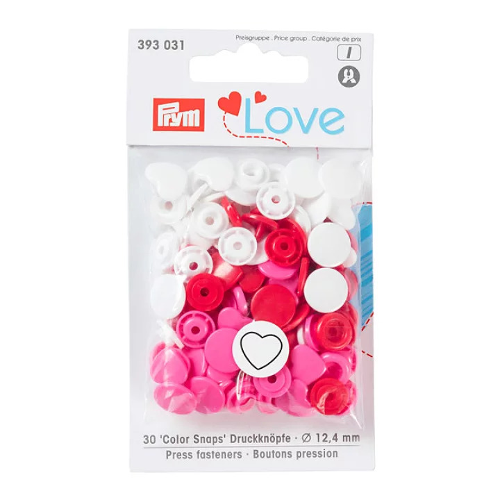 《Prym》プリム・カラースナップ　ハート　12.4mｍ/30セット入（赤/ピンク/白 各色10個）　PrymLove　ハート型　393031