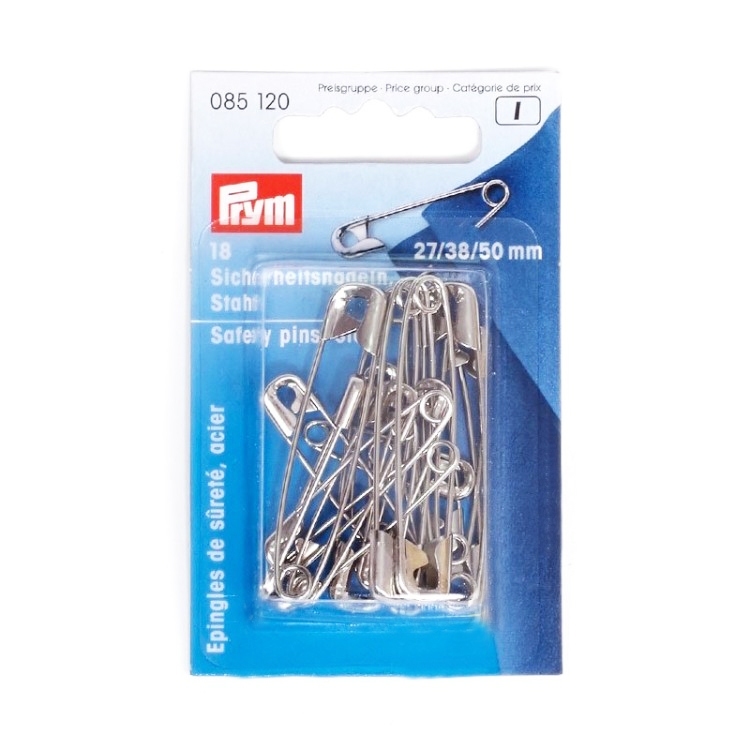 《Prym》プリム・安全ピン（シルバー）　 27mm38mm/50mm入 18個セット　 ブローチピン　仮止め　タグピン　タグ付け　クリップ　85 120