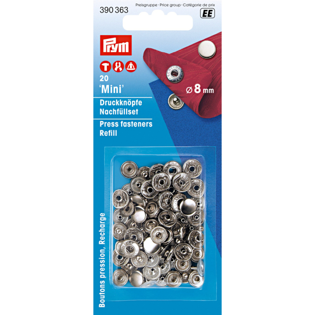 《Prym》プリム　スナップ　アノラック 　径8ｍｍ/20セット　リフィール　ミニ・シルバー　 ナイロン地・レインウェアやバッグ・カバンにもオススメ